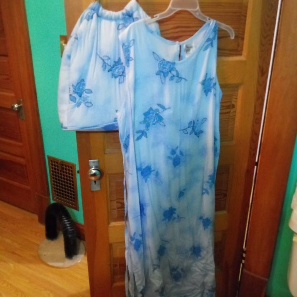 Plus Size XL Summer Blue Floral Beaded Matched Set Dress & Big Handbag